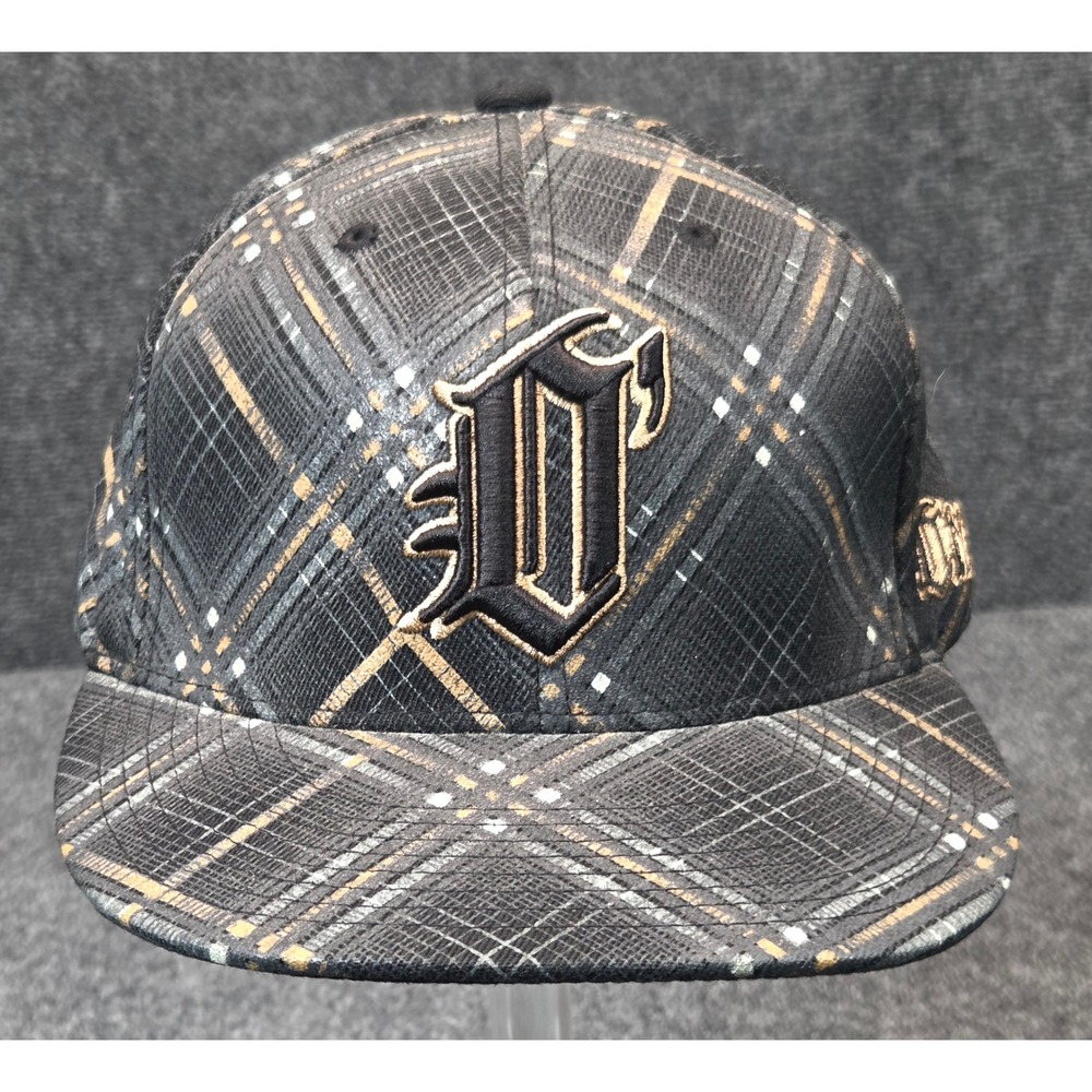 O'Neill Flexfit Hat Mens Black Gold Plaid Embroidered Gothic Logo Cap Wool Blend
